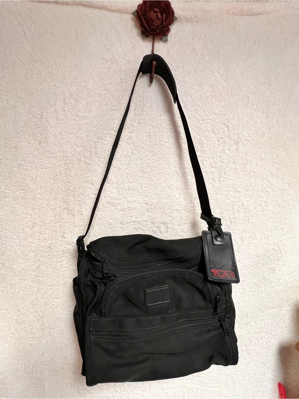 Tumi Black Nylon Messenger Bag with Red Logo Tag